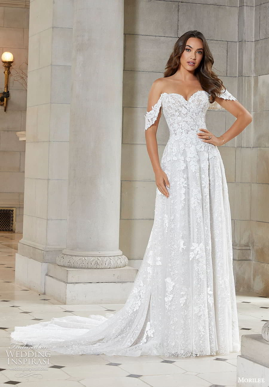 morilee fall 2022 bridal off shoulder straps swag sleeve sweetheart neckline fully embellished lace a line ball gown wedding dress chapel train (22) mv