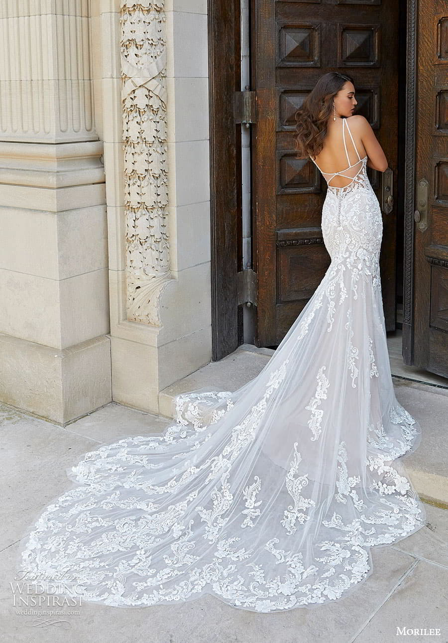 morilee fall 2022 bridal sleeveless halter neckline fully embellished lace fit flare sheath wedding dress chapel train (14) bv morilee fall 2022 bridal sleeveless halter neckline fully embellished lace fit flare sheath wedding dress chapel train (14) bv
