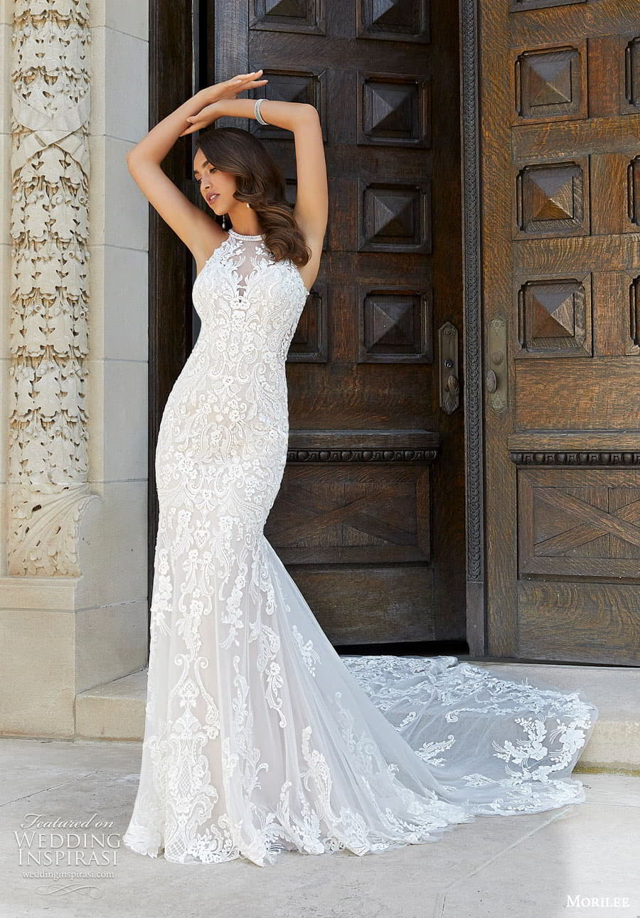 morilee fall 2022 bridal sleeveless halter neckline fully embellished lace fit flare sheath wedding dress chapel train (14) mv morilee fall 2022 bridal sleeveless halter neckline fully embellished lace fit flare sheath wedding dress chapel train (14) mv
