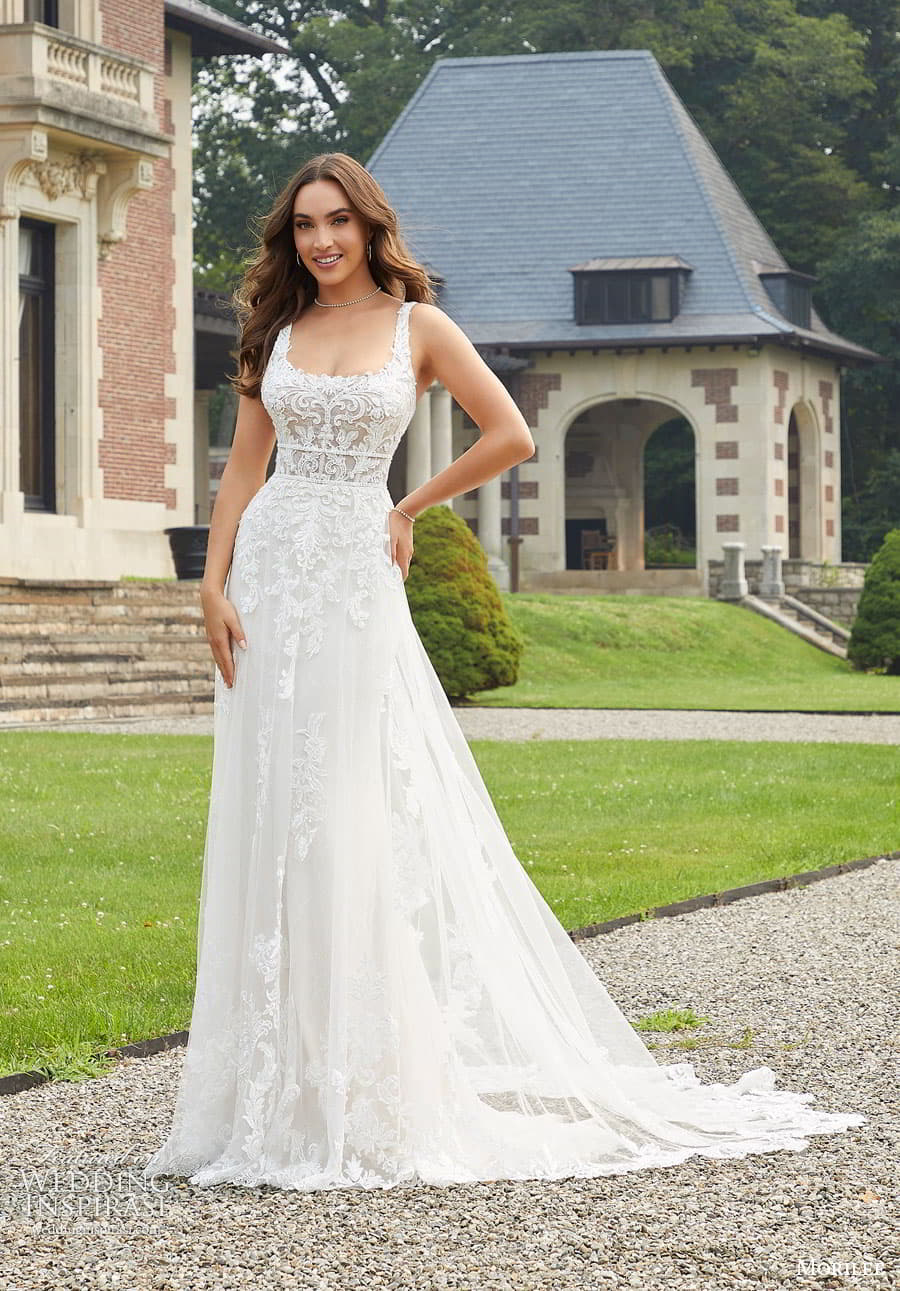 morilee fall 2022 bridal sleeveless straps square neckline fully embellished lace a line wedding dress scalloped chapel train (15) mv