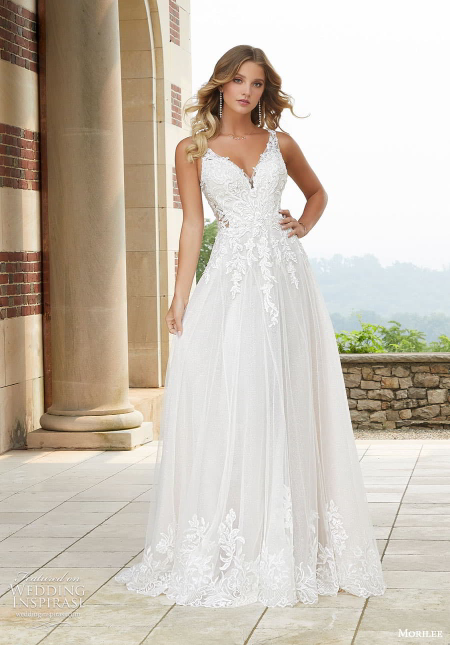 morilee fall 2022 bridal sleeveless straps sweetheart neckline embellished bodice a line ball gown wedding dress chapel train (3) mv