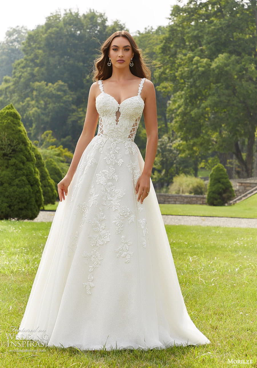 morilee fall 2022 bridal sleeveless straps sweetheart neckline embellished lace corset bodice a line ball gown wedding dress chapel train (16) mv