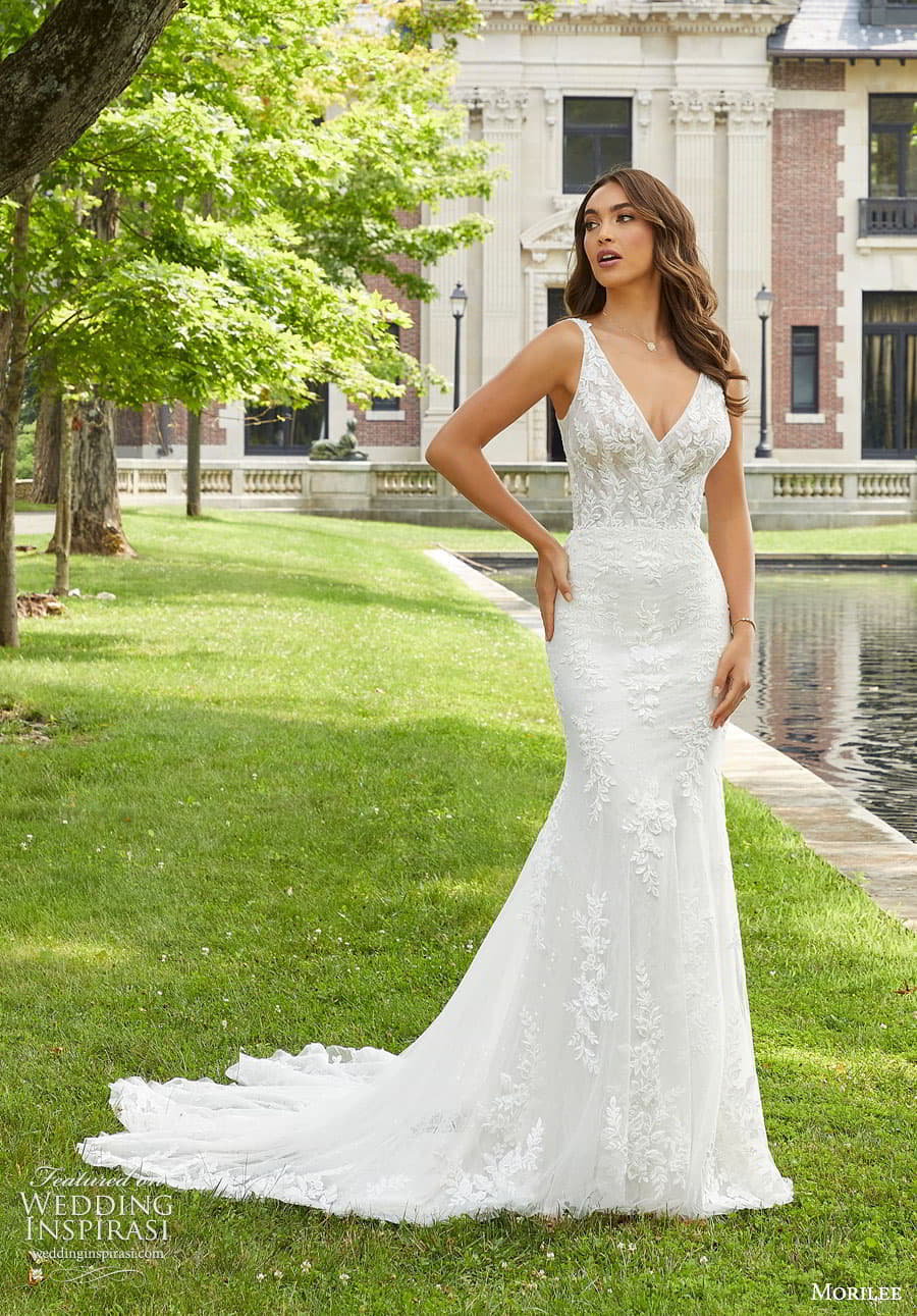 morilee fall 2022 bridal sleeveless straps v neckline embellished lace bodice fit flare mermaid wedding dress scalloped chapel train (7) mv