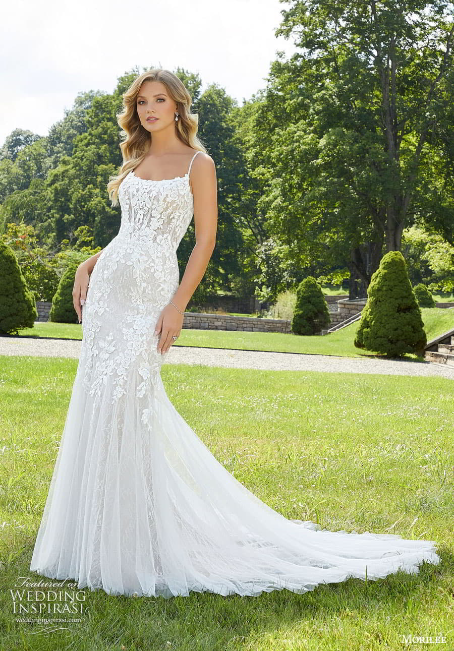 morilee fall 2022 bridal sleeveless thin straps semi scoop neckline embellished lace bodice fit flare sheath wedding dress chapel train (6) mv morilee fall 2022 bridal sleeveless thin straps semi scoop neckline embellished lace bodice fit flare sheath wedding dress chapel train (6) mv