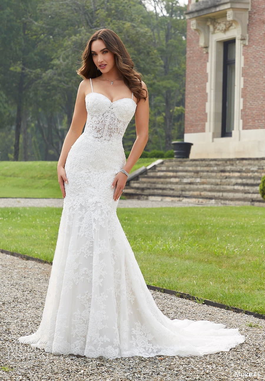 morilee fall 2022 bridal sleeveless thin straps sweetheart neckline fully embellished lace fit flare sheath wedding dress chapel train (10) mv