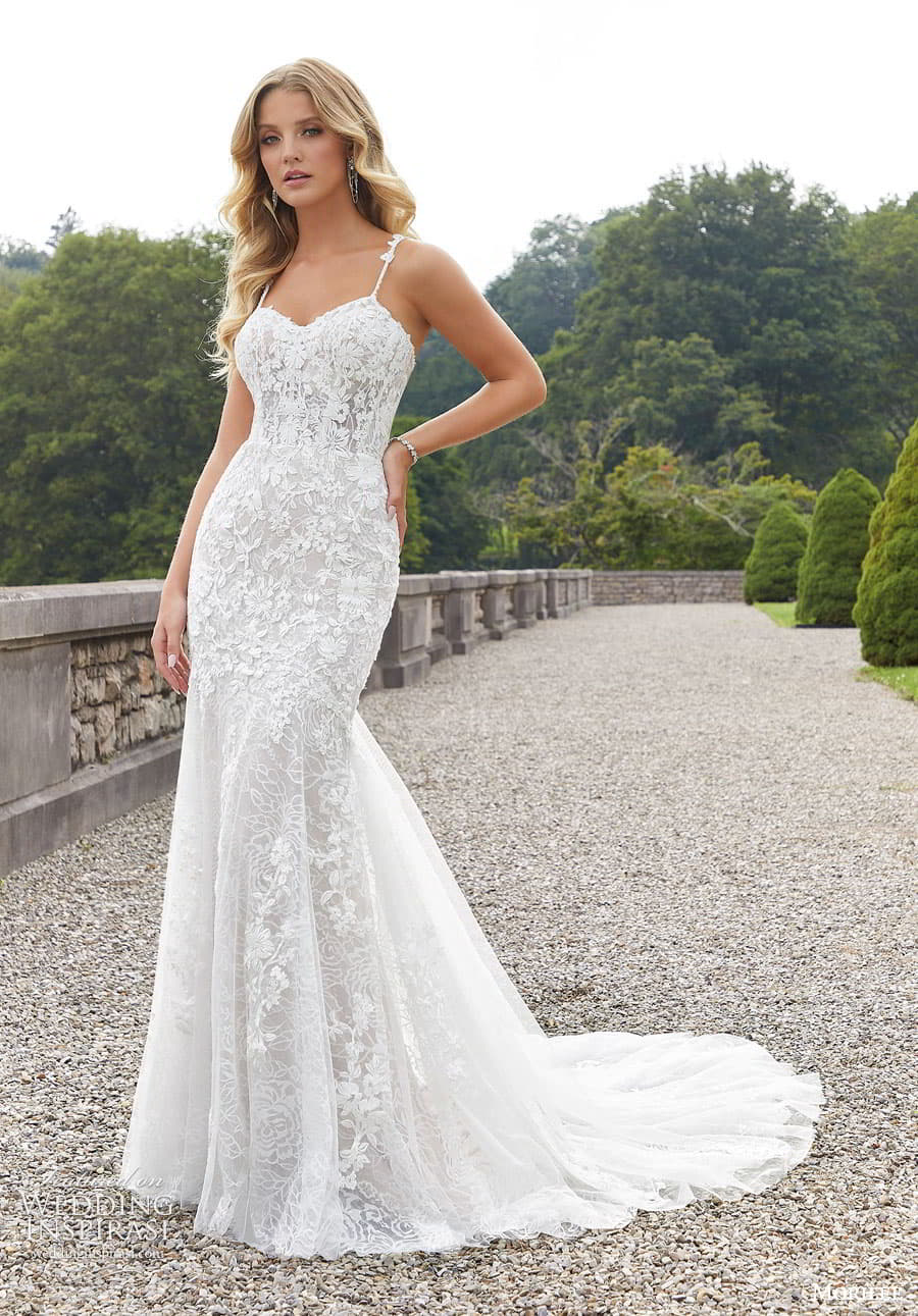 morilee fall 2022 bridal sleeveless thin straps sweetheart neckline fully embellished lace fit flare sheath wedding dress chapel train (12) mv