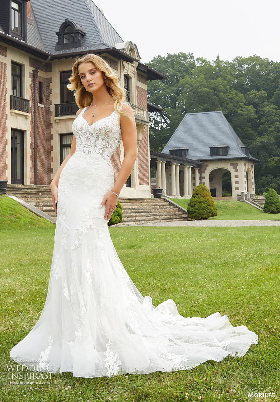 morilee fall 2022 bridal sleeveless thin straps sweetheart neckline fully embellished lace fit flare sheath wedding dress chapel train (13) mv