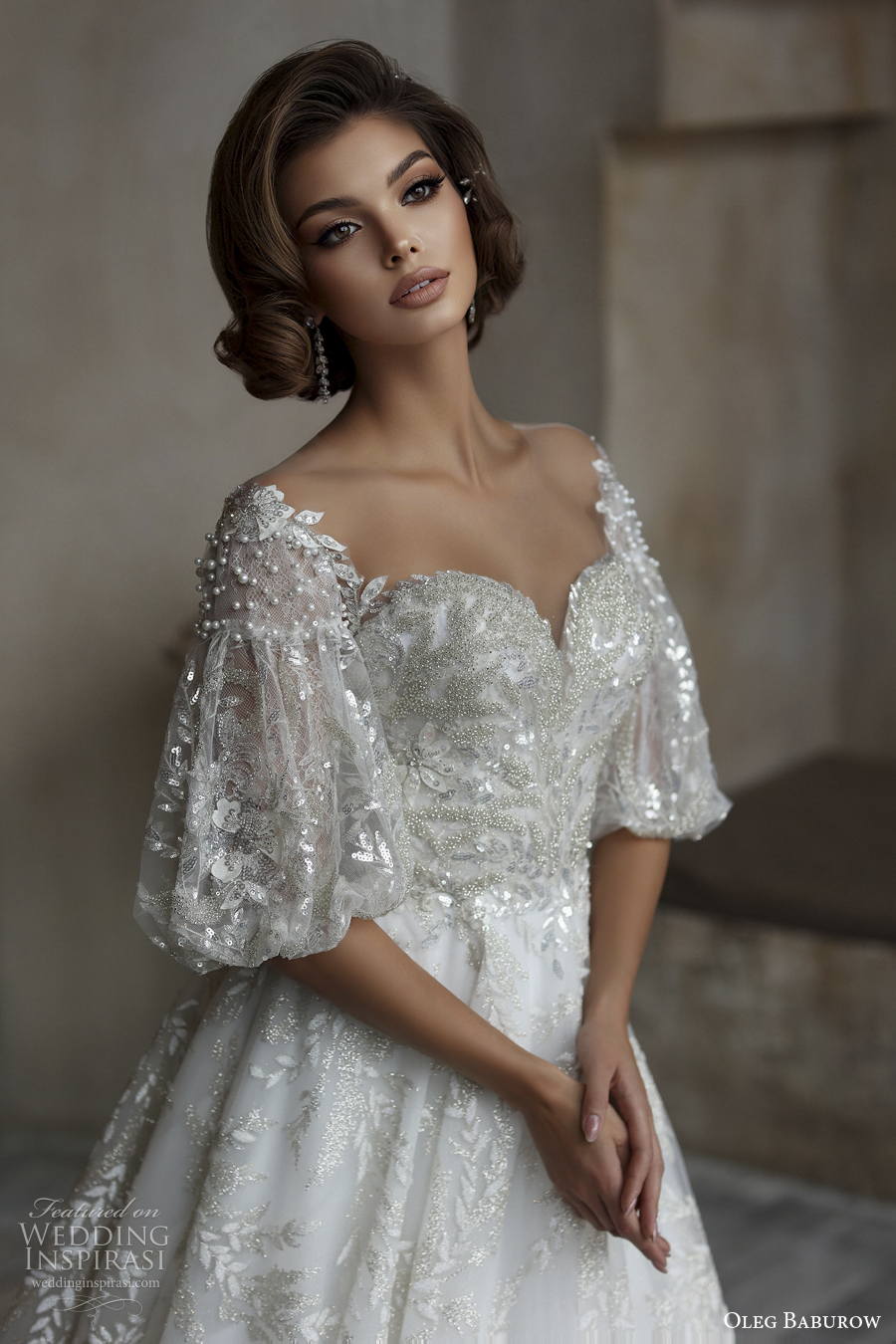oleg baburow 2022 only love bridal half balloon sleeves sweetheart neckline full embellishment a line wedding dress sheer button back chapel train (1) zv 1