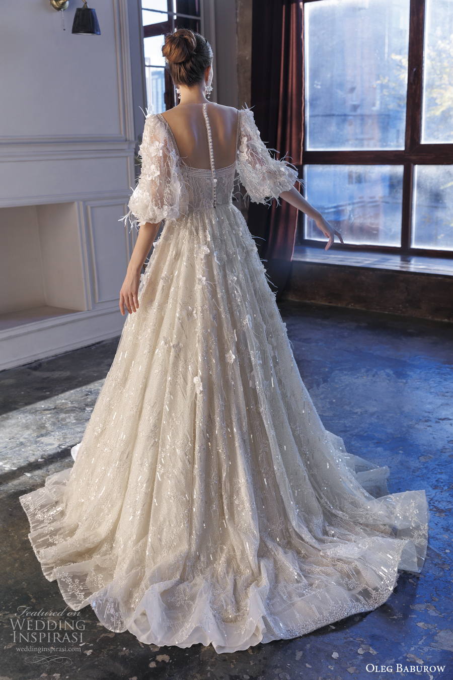 oleg baburow 2022 only love bridal half balloon sleeves sweetheart neckline full embellishment a line wedding dress sheer button back sweep train (6) bv