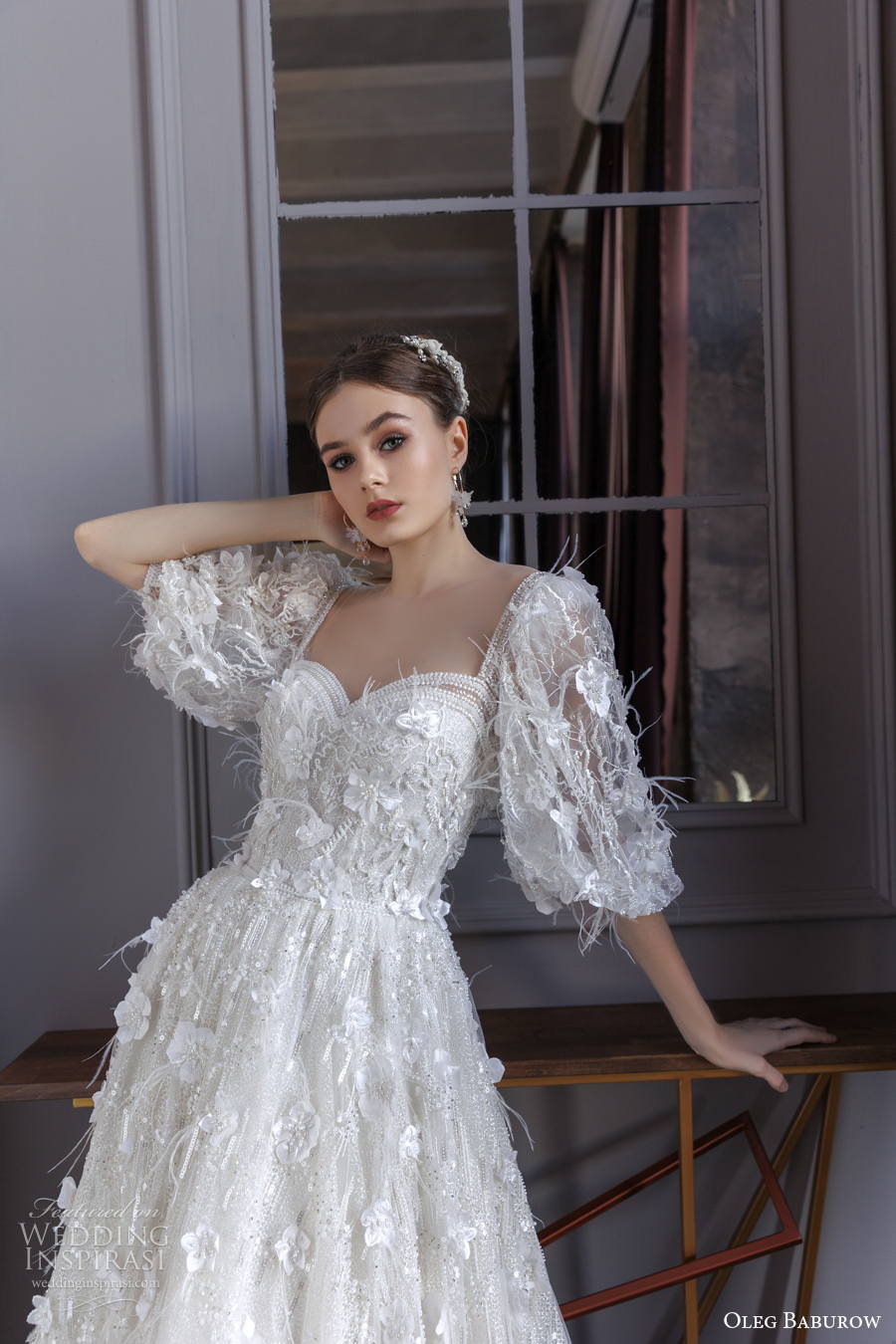 oleg baburow 2022 only love bridal half balloon sleeves sweetheart neckline full embellishment a line wedding dress sheer button back sweep train (6) zv