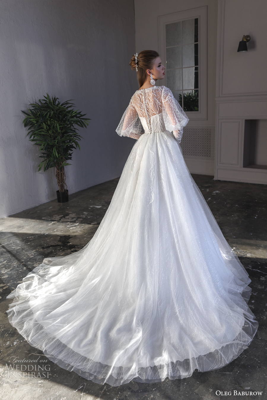 oleg baburow 2022 only love bridal leg of mutton sleeves square neckline heavily embellished bodice a line wedding dress sheer button back chapel train (20) bv