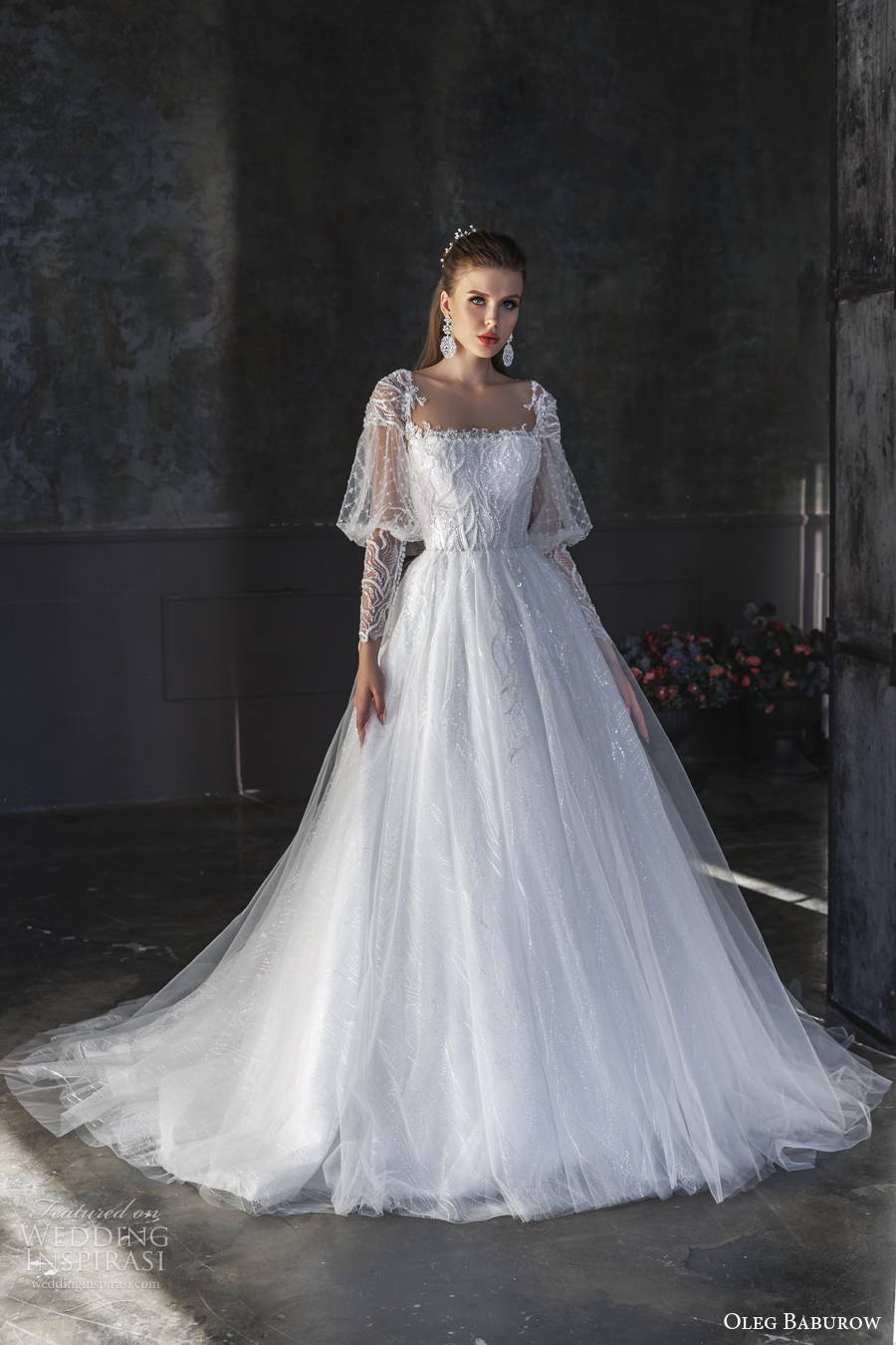 oleg baburow 2022 only love bridal leg of mutton sleeves square neckline heavily embellished bodice a line wedding dress sheer button back chapel train (20) mv