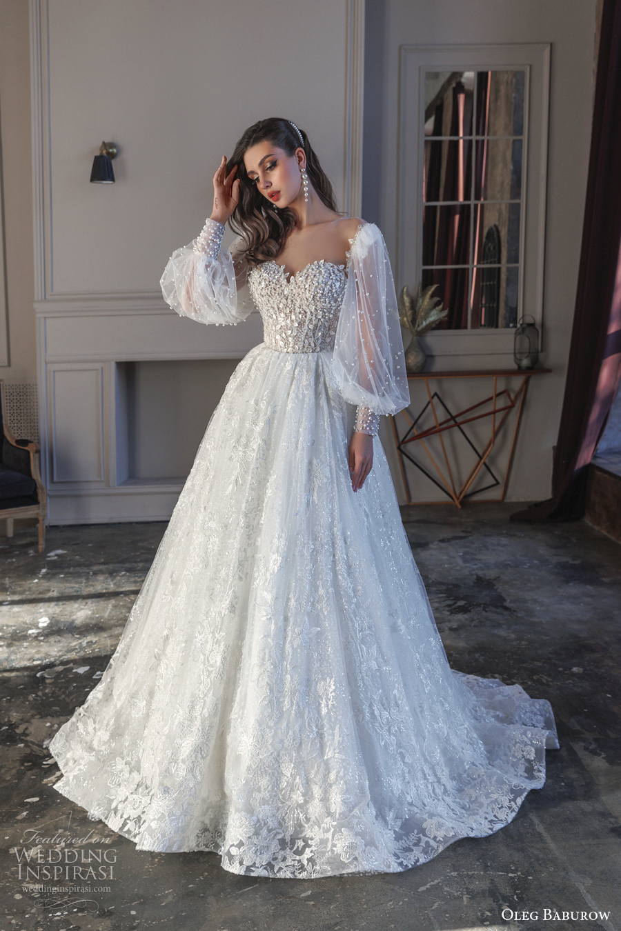 oleg baburow 2022 only love bridal long bishop sleeves sweetheart neckline full embellishment a line wedding dress corset back medium train (22) mv