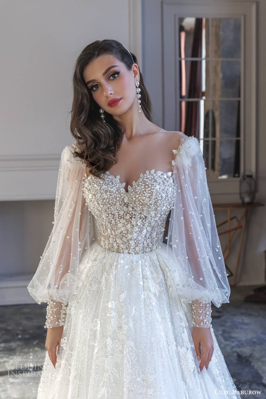 oleg baburow 2022 only love bridal long bishop sleeves sweetheart neckline full embellishment a line wedding dress corset back medium train (22) zv