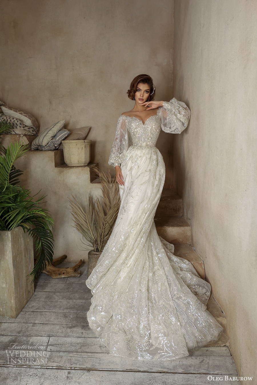 oleg baburow 2022 only love bridal long bishop sleeves sweetheart neckline full embellishment a line wedding dress sheer button back sweep train (5) mv