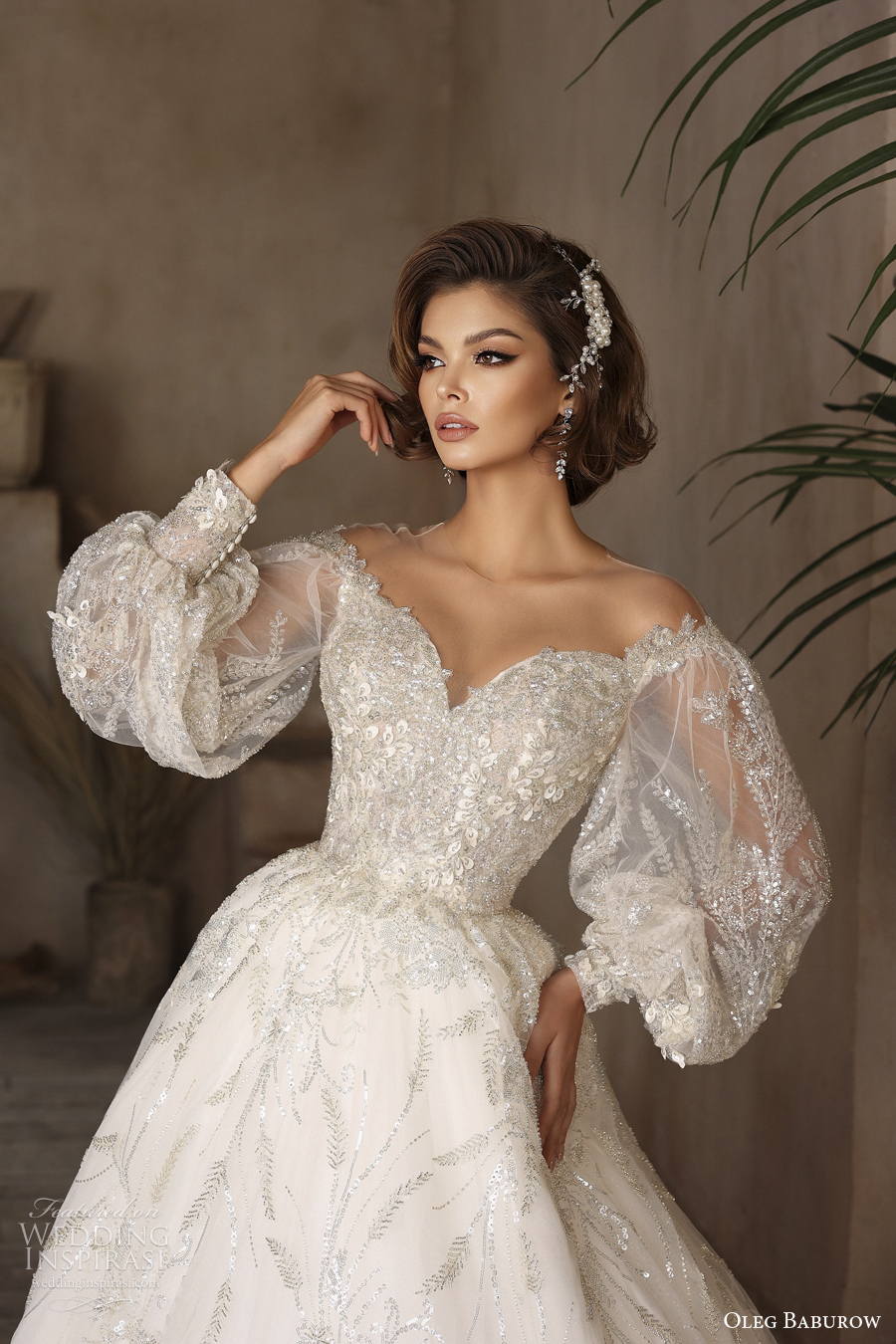 oleg baburow 2022 only love bridal long bishop sleeves sweetheart neckline full embellishment a line wedding dress sheer button back sweep train (5) zv