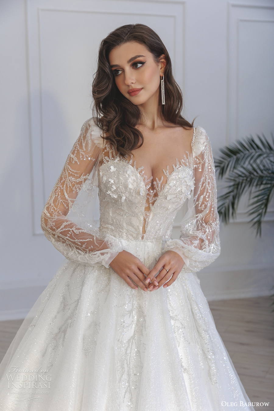 oleg baburow 2022 only love bridal long bishop sleeves sweetheart neckline heavily embellished bodice a line wedding dress sheer button back medium train (10) zv