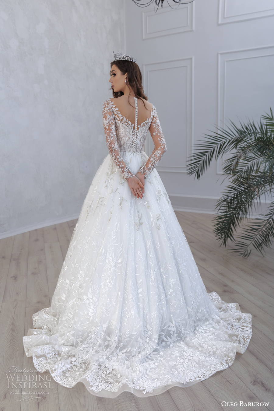 oleg baburow 2022 only love bridal long sleeves diamond neckline full embellishment a line wedding dress sheer button back medium train (16) bv