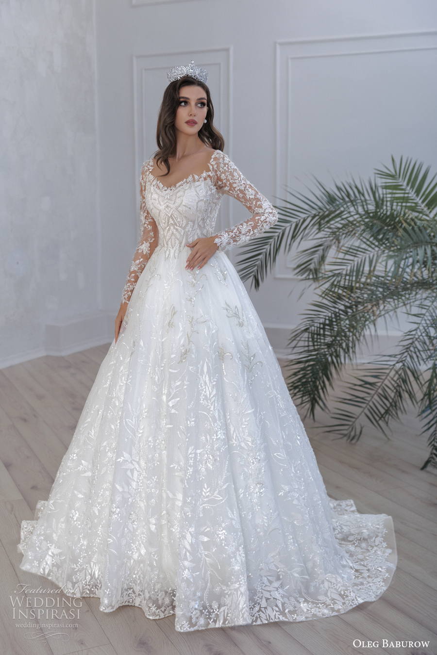 oleg baburow 2022 only love bridal long sleeves diamond neckline full embellishment a line wedding dress sheer button back medium train (16) mv