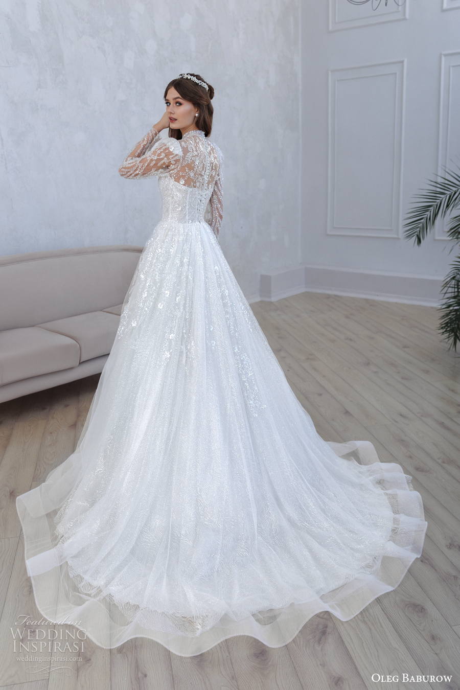 oleg baburow 2022 only love bridal long sleeves illusion high neck heavily embellished bodice a line wedding dress medium train (15) bv