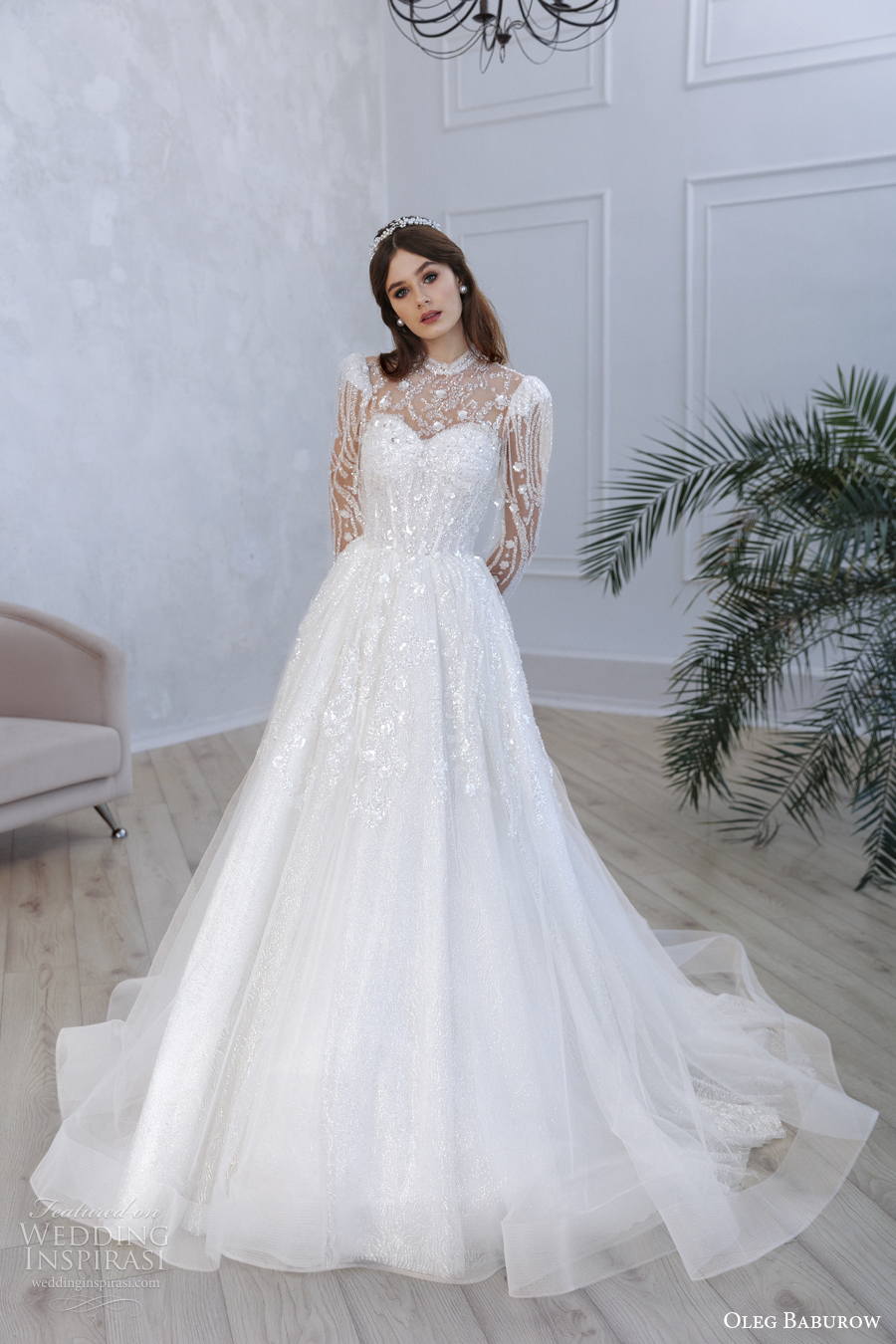 oleg baburow 2022 only love bridal long sleeves illusion high neck heavily embellished bodice a line wedding dress medium train (15) mv