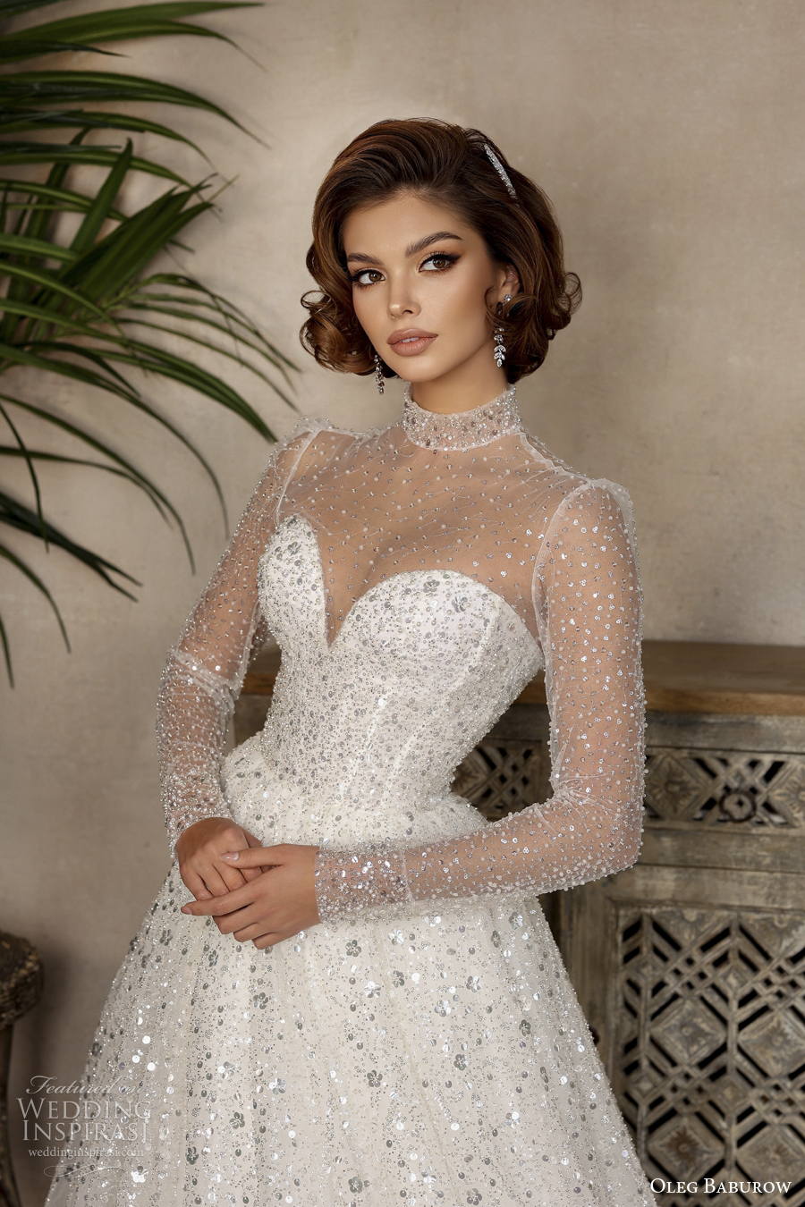 oleg baburow 2022 only love bridal long sleeves illusion high neck sweetheart neckline bustier full embellishment a line wedding dress sheer button back chapel train (2) zv