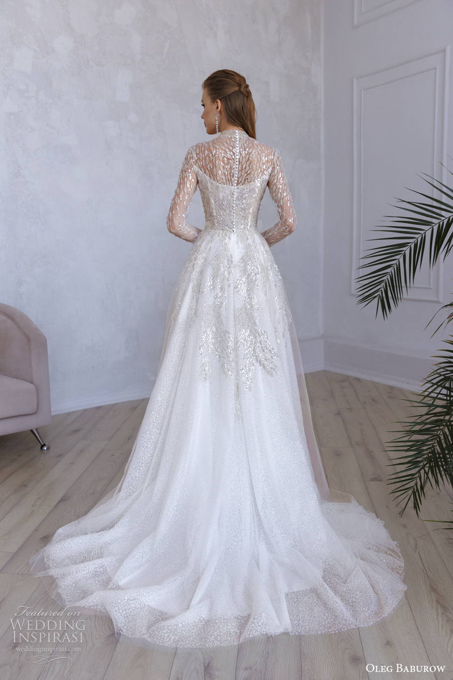 oleg baburow 2022 only love bridal long sleeves illusion high neck sweetheart neckline heavily embellished bodice a line wedding dress sheer button back medium train (14) bv