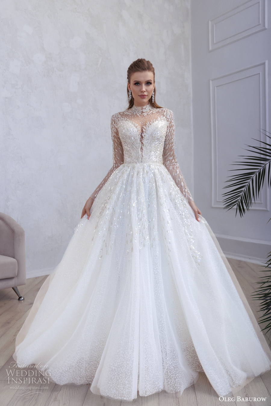 oleg baburow 2022 only love bridal long sleeves illusion high neck sweetheart neckline heavily embellished bodice a line wedding dress sheer button back medium train (14) mv