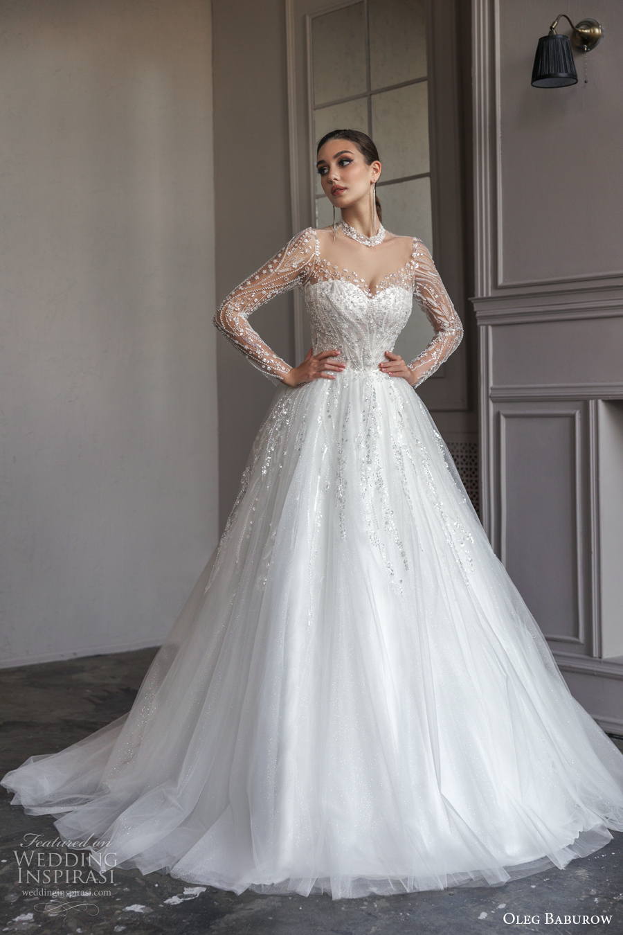 oleg baburow 2022 only love bridal long sleeves illusion high neck sweetheart neckline heavily embellished bodice a line wedding dress sheer button back medium train (8) mv