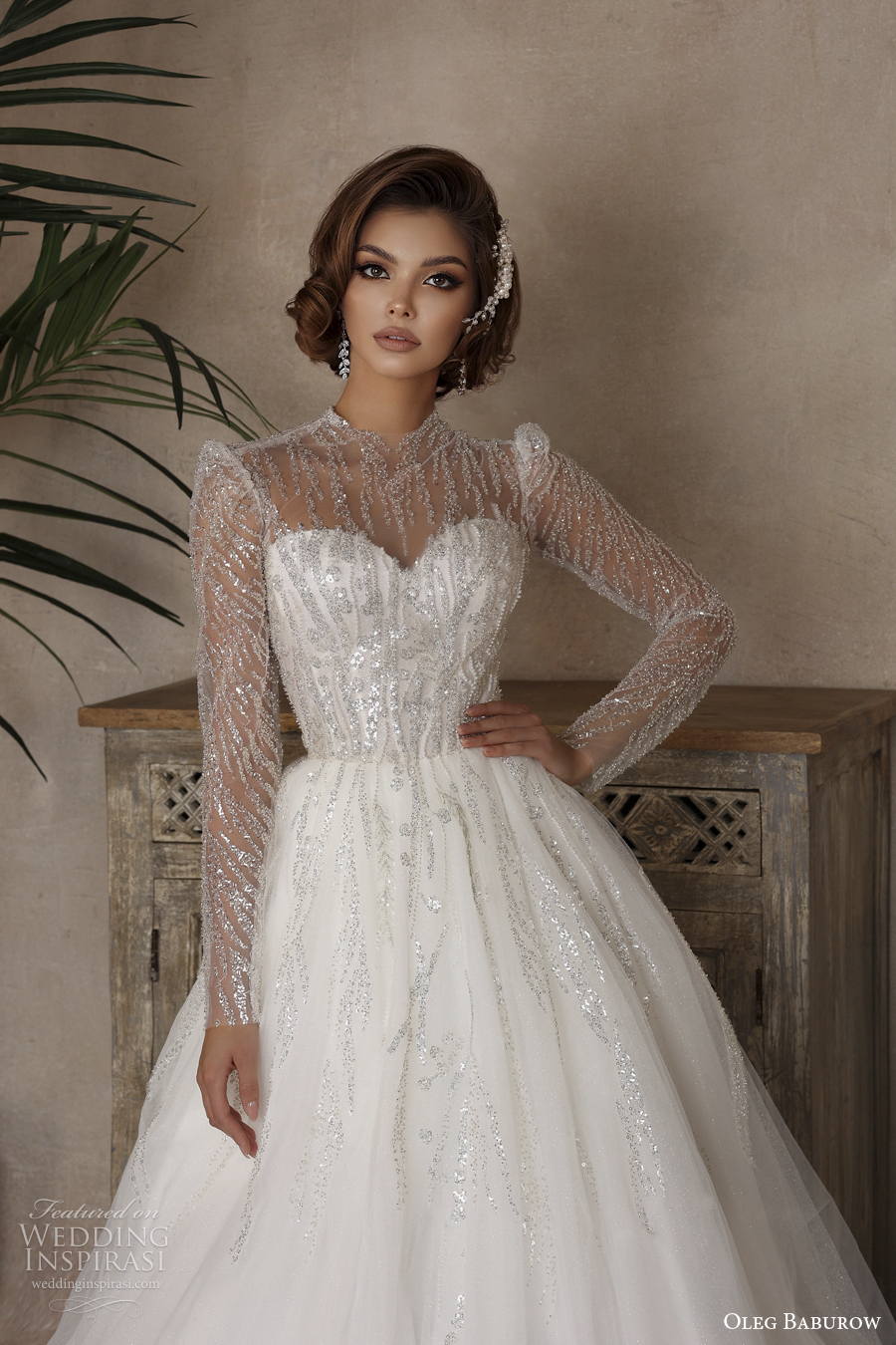 oleg baburow 2022 only love bridal long sleeves illuson high neck sweetheart neckline heavily embellished bodice a line wedding dress sheer button back chapel train (4) zv