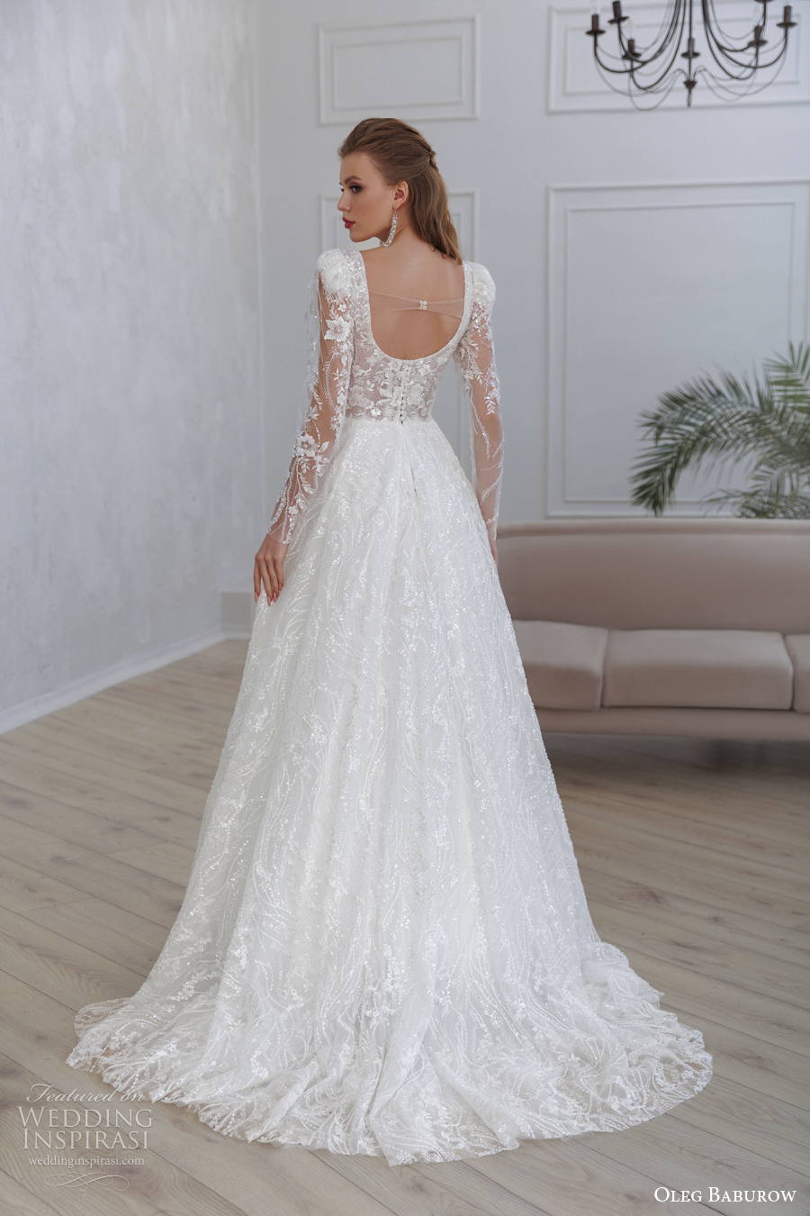 oleg baburow 2022 only love bridal long sleeves square neckline heavily embellished bodice a line wedding dress scoop back sweep train (17) bv