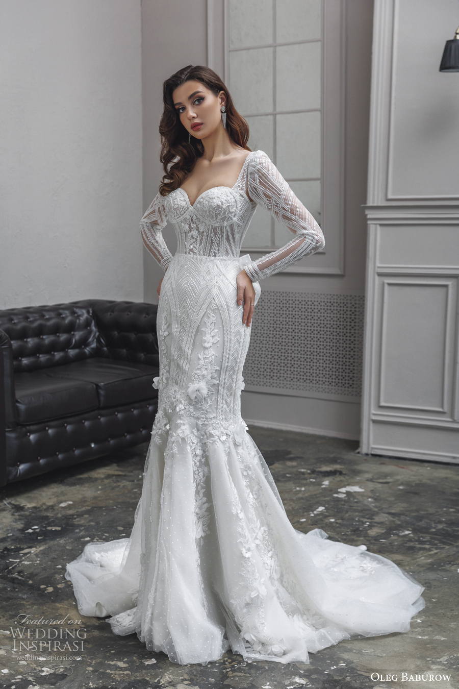 oleg baburow 2022 only love bridal long sleeves sweetheart neckline bustier full embellishment glamorous mermaid wedding dress medium train (9) mv