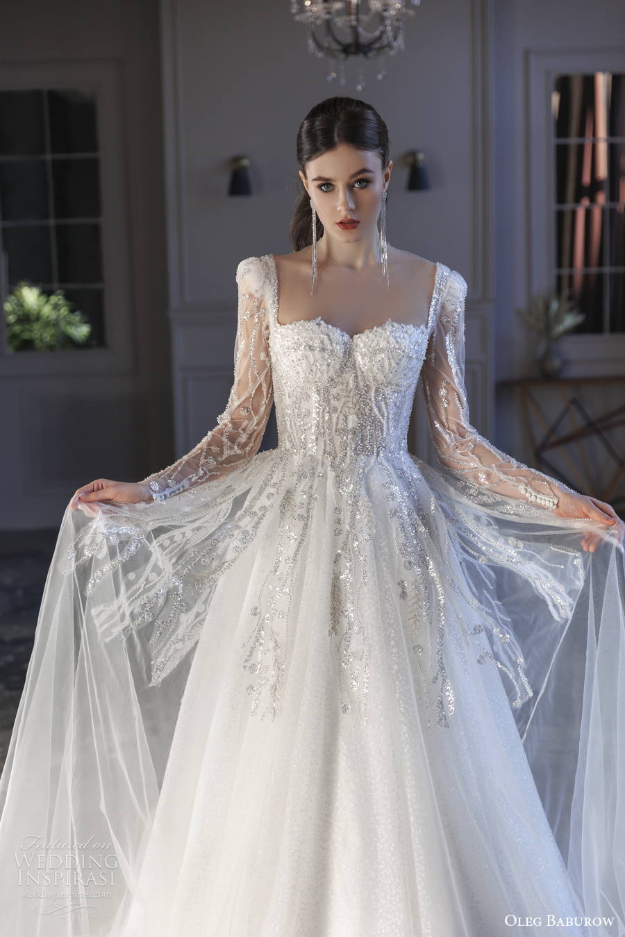 oleg baburow 2022 only love bridal long sleeves sweetheart neckline heavily embellished bodice a line wedding dress sheer button back sweep train (18) zv