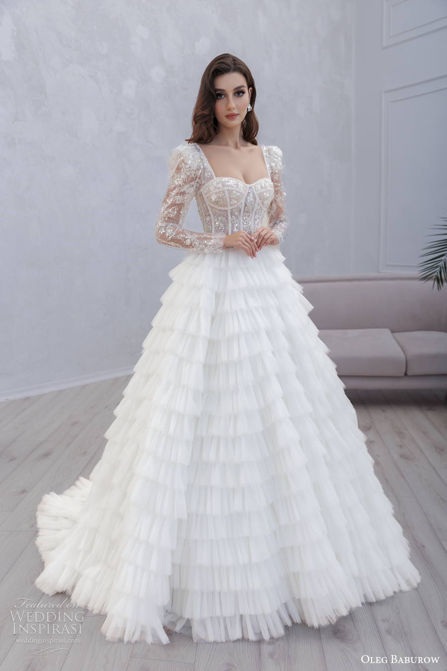 oleg baburow 2022 only love bridal long sleeves sweetheart neckline heavily embellished bodice a line wedding dress tiered skirt sheer button back medium train (11) mv