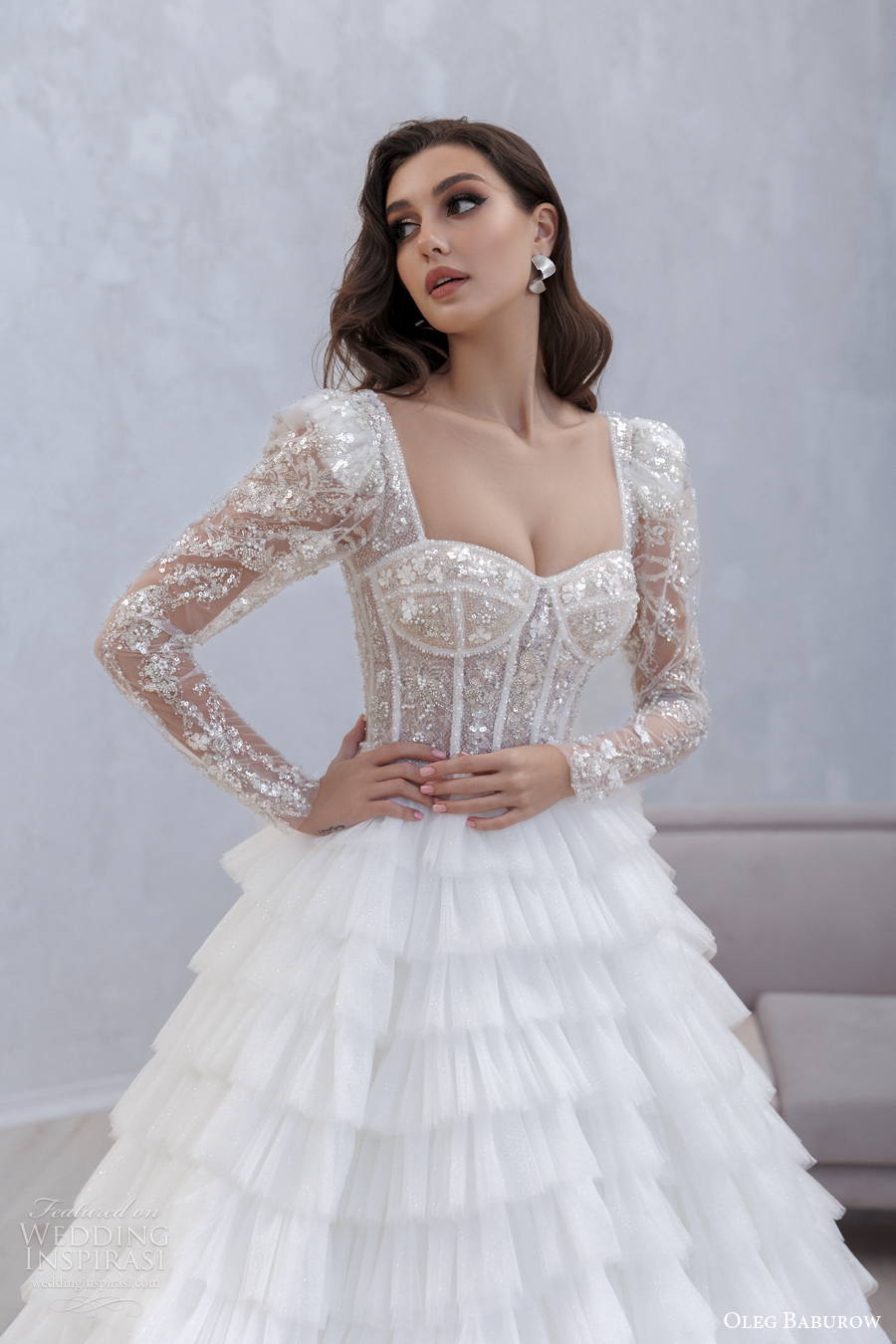 oleg baburow 2022 only love bridal long sleeves sweetheart neckline heavily embellished bodice a line wedding dress tiered skirt sheer button back medium train (11) zv