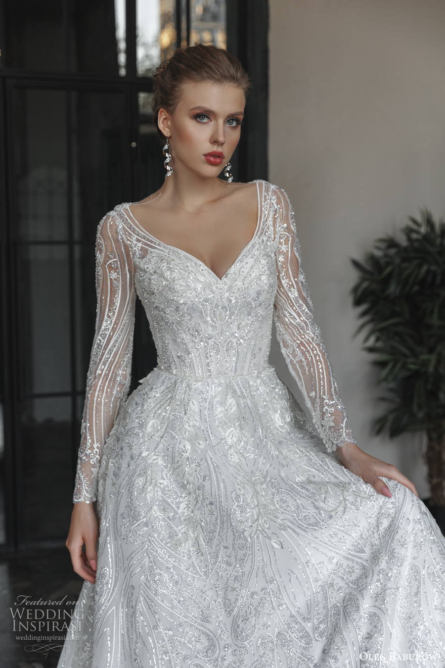 oleg baburow 2022 only love bridal long sleeves v neck full embellishment glamorous a line wedding dress lace back sweep train (7) zv