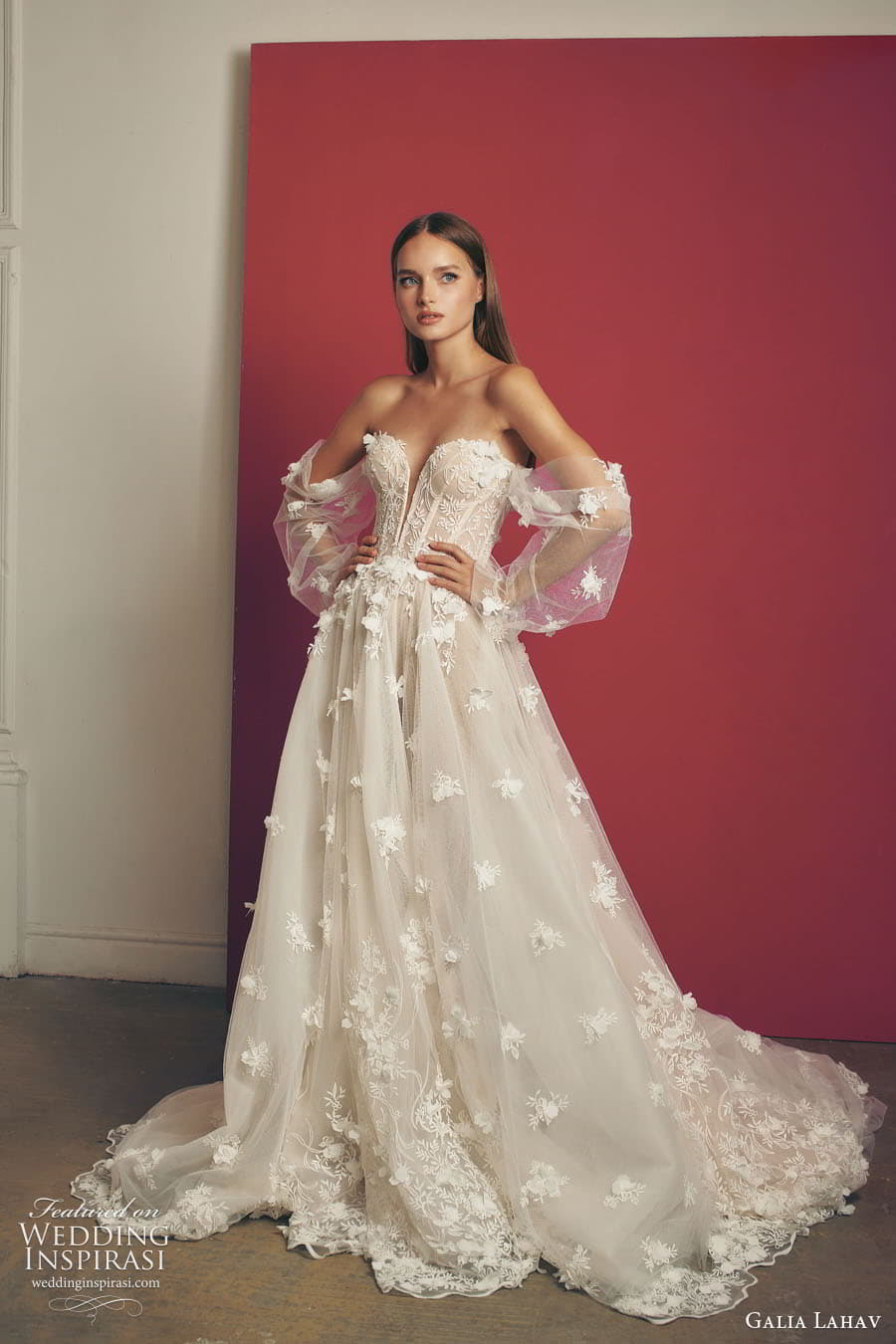 galia lahav fall 2022 gala bridal detached sheer bishop puff sleeve split sweetheart neckline fully embellished a line ball gown wedding dress chapel train (5) mv 