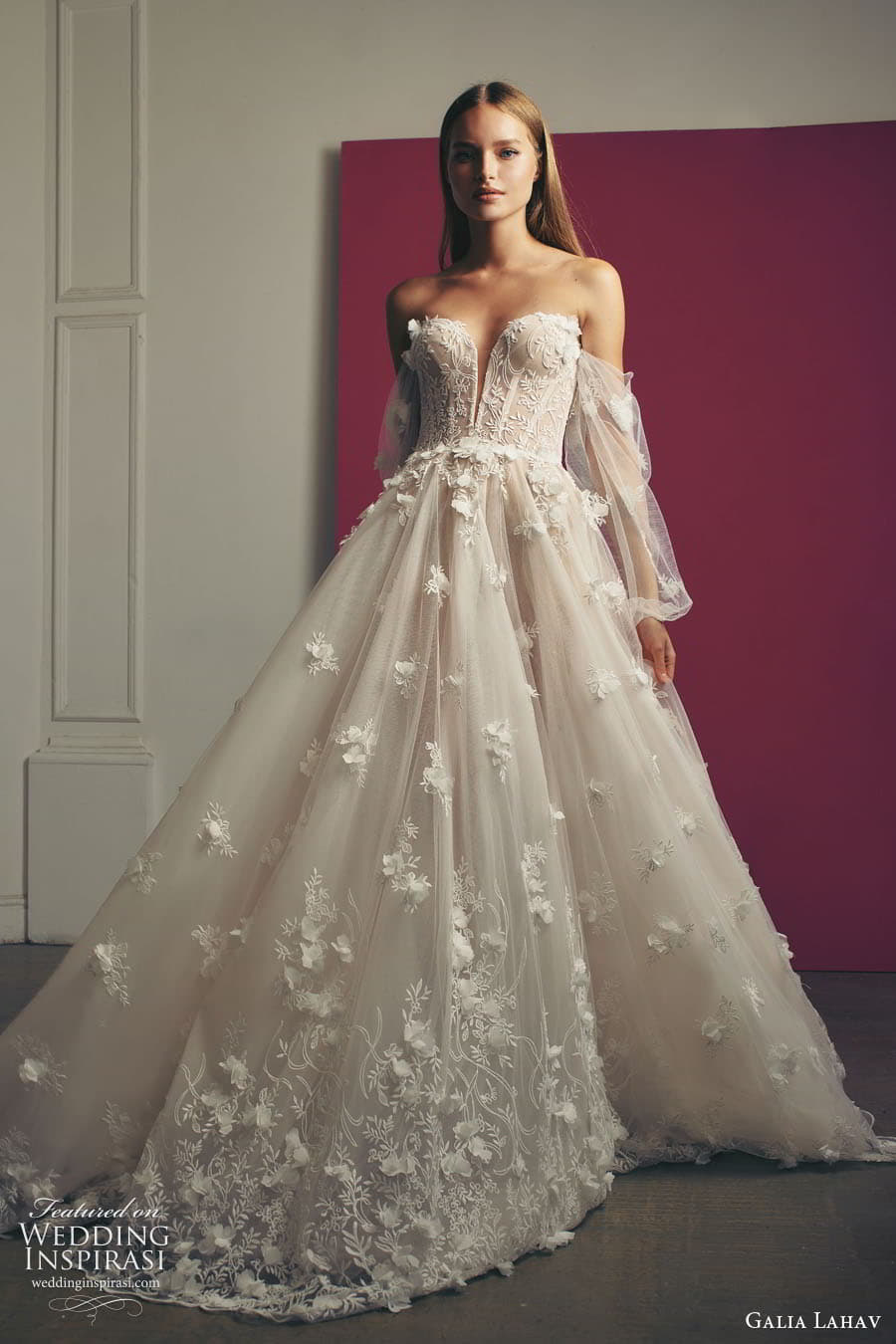 galia lahav fall 2022 gala bridal detached sheer bishop puff sleeve split sweetheart neckline fully embellished a line ball gown wedding dress chapel train (5) mv