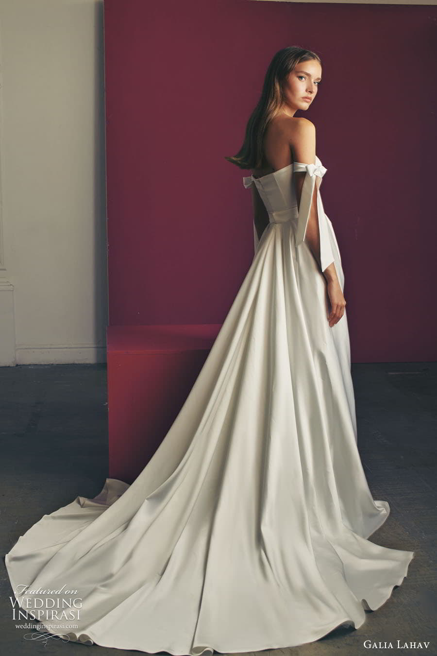 galia lahav fall 2022 gala bridal off shoulder bow tie strap straight across corset bodice clean minimalist a line ball gown wedding dress slit skirt chapel train (12) bv galia lahav fall 2022 gala bridal off shoulder bow tie strap straight across corset bodice clean minimalist a line ball gown wedding dress slit skirt chapel train (12) bv