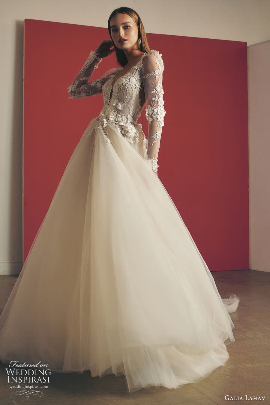 galia lahav fall 2022 gala bridal sheer puff long sleeve plunging v neckline embellished bodice a line ball gown wedding dress chapel train (8) fv galia lahav fall 2022 gala bridal sheer puff long sleeve plunging v neckline embellished bodice a line ball gown wedding dress chapel train (8) fv