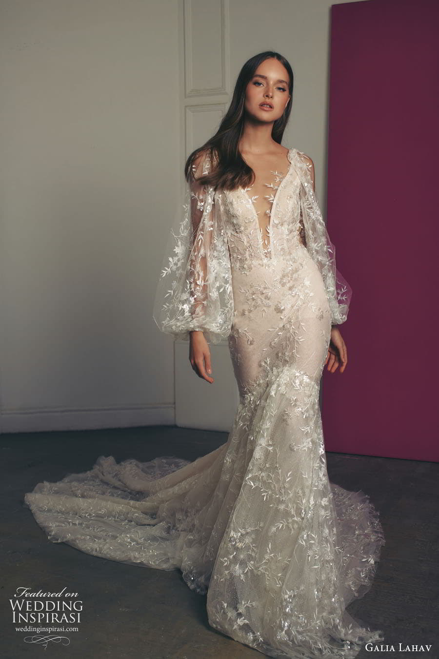 galia lahav fall 2022 gala bridal sheer split bishop long sleeve plunging v neckline fully embellished fit flare mermaid wedding dress chapel train (10) mv