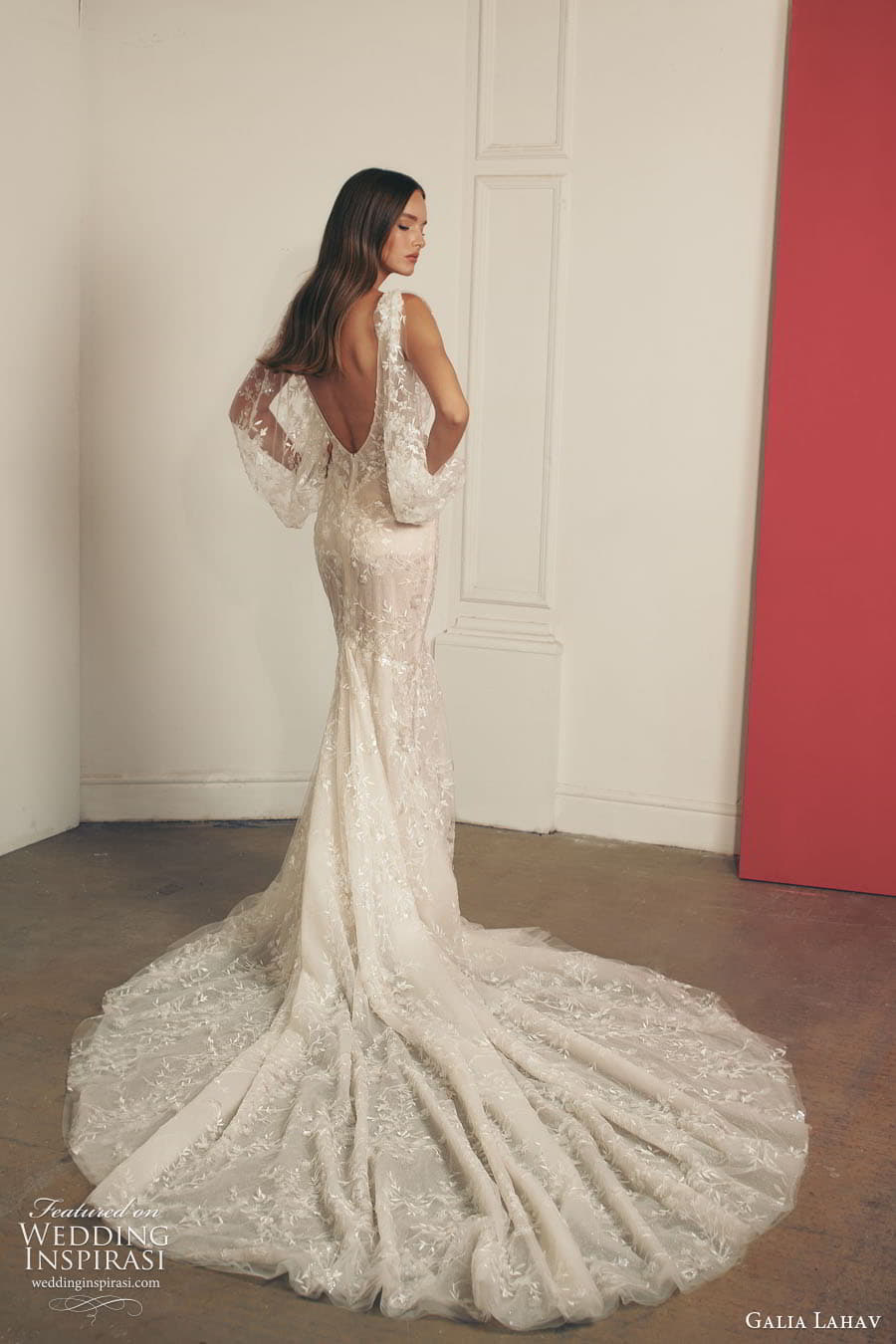 galia lahav fall 2022 gala bridal sheer split bishop long sleeve plunging v neckline fully embellished fit flare mermaid wedding dress low back chapel train (10) bv