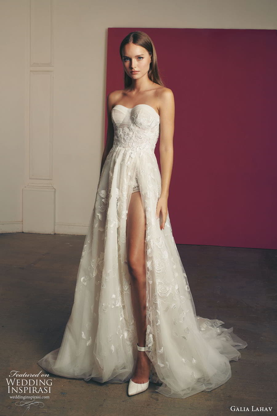 galia lahav fall 2022 gala bridal strapless semi sweetheart neckline fully embellished slit skirt a line ball gown wedding dress chapel train (5) mv