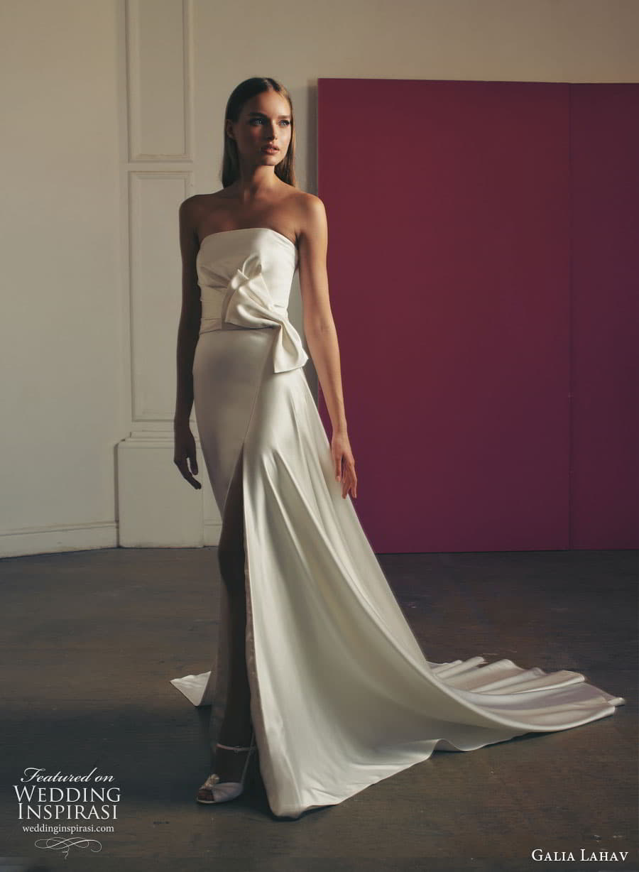 galia lahav fall 2022 gala bridal strapless straight across clean minimalist sheath wedding dress chapel train (13) mv galia lahav fall 2022 gala bridal strapless straight across clean minimalist sheath wedding dress chapel train (13) mv