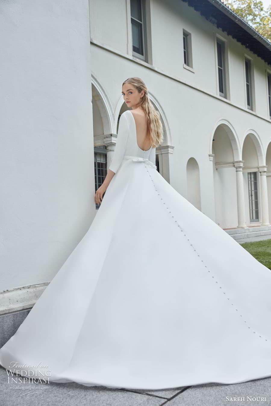 sareh nouri fall 2022 bridal 3 quarter sleeve bateau neckline clean minimalist a line ball gown wedding dress chapel train (2) bv