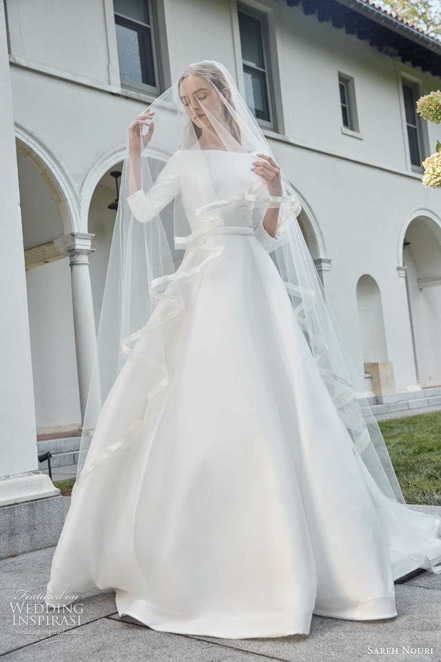 sareh nouri fall 2022 bridal 3 quarter sleeve bateau neckline clean minimalist a line ball gown wedding dress chapel train (2) mv
