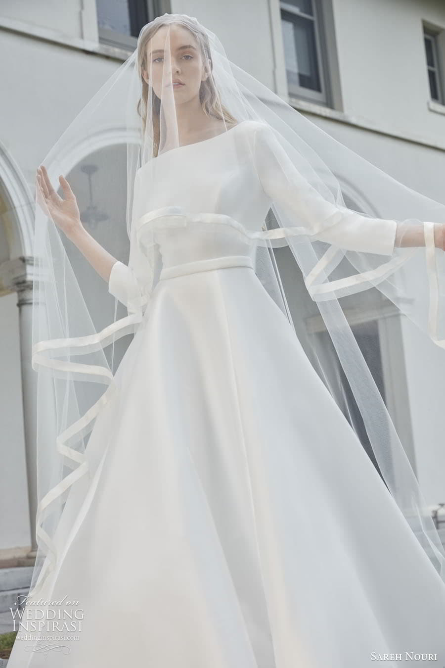 sareh nouri fall 2022 bridal 3 quarter sleeve bateau neckline clean minimalist a line ball gown wedding dress chapel train (2) zv veil