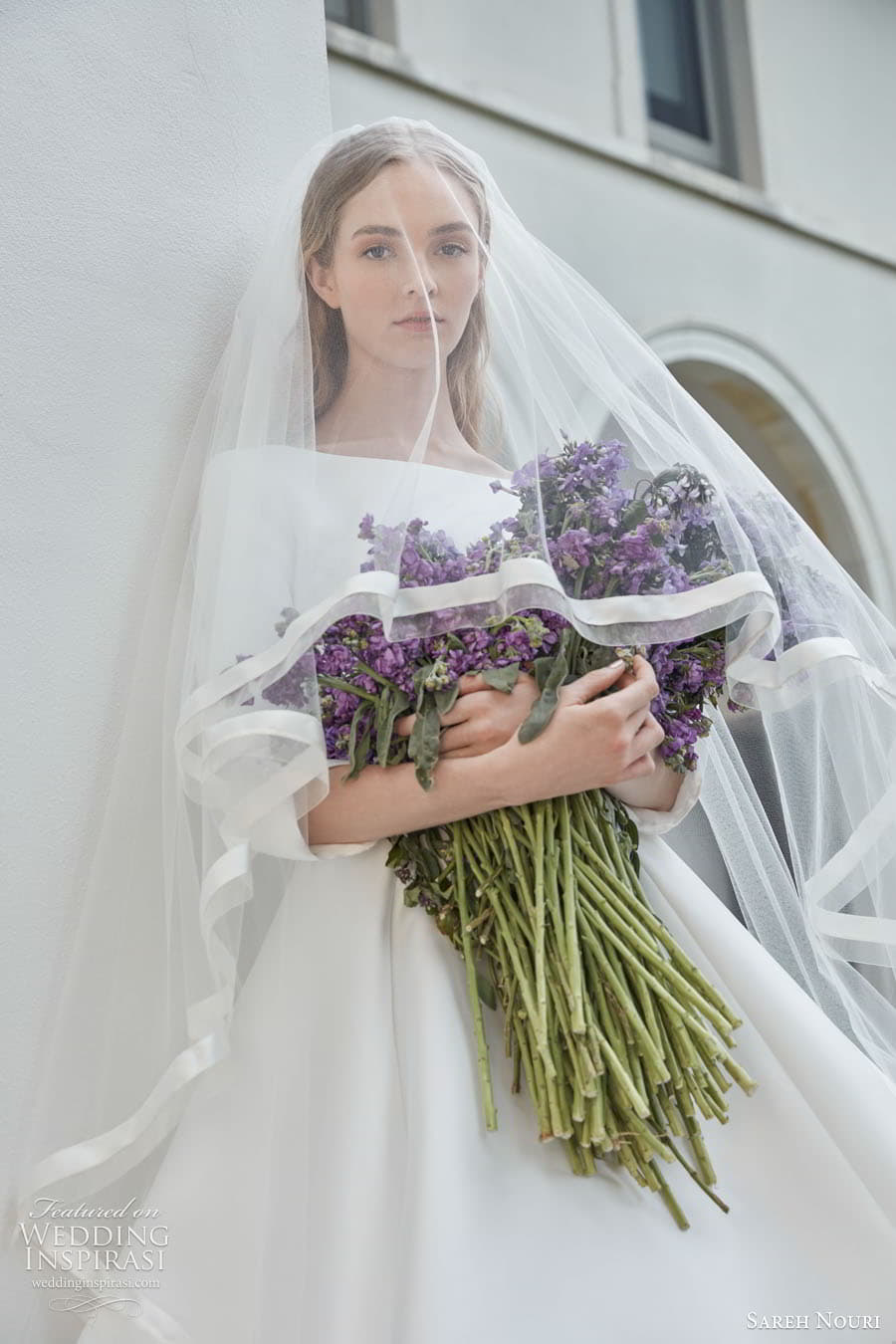 sareh nouri fall 2022 bridal 3 quarter sleeve bateau neckline clean minimalist a line ball gown wedding dress chapel train (2) zv