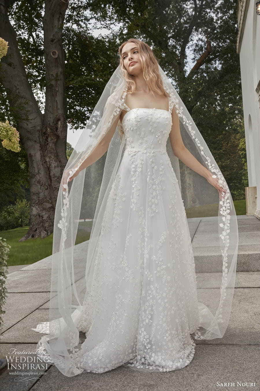 sareh nouri fall 2022 bridal illusion mini cap sleeves. straight across square neckline embellished a line ball gown wedding dress chapel train (4) mv