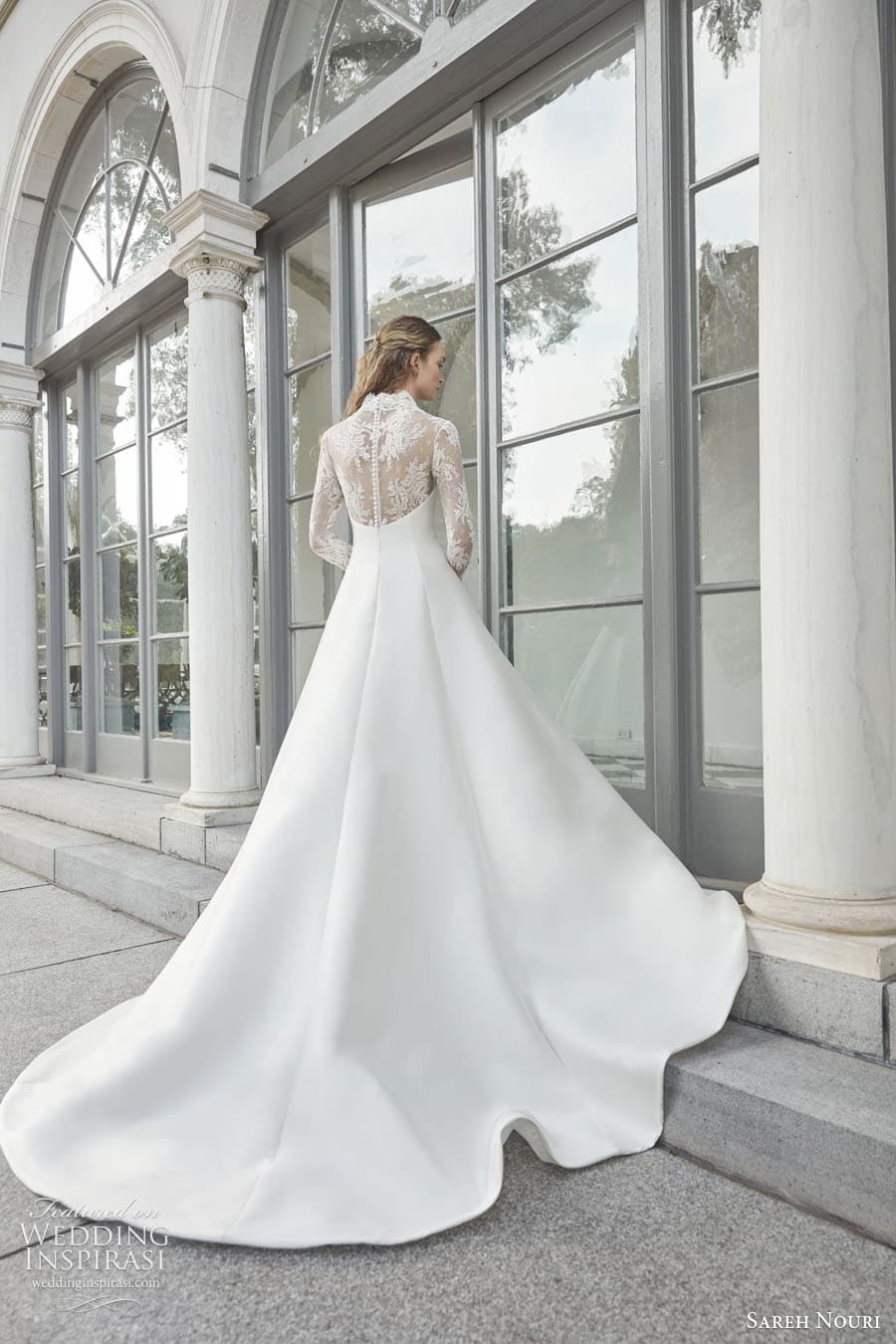 sareh nouri fall 2022 bridal sheer long sleeve queen anne neckline clean minimalist a line ball gown wedding dress chapel train (10) bv